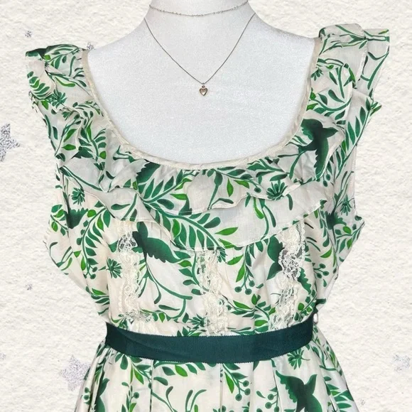 Forever 21 Cream & Green Knee Length Sleeveless Ruffle Dress L - Picture 4 of 7